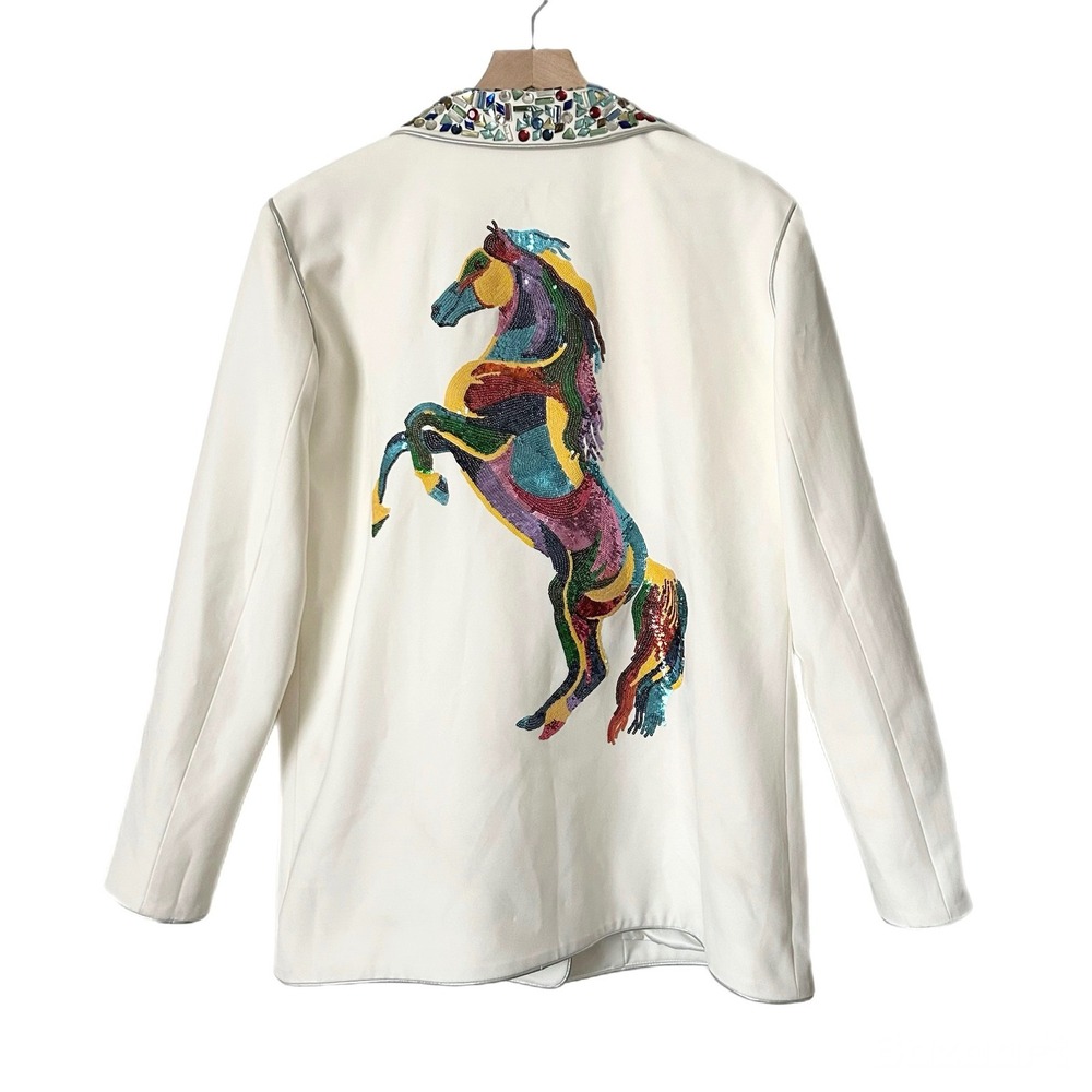 NEW Queen of Sparkles White Rainbow Horse Sequin Gemstone Blazer Size XL